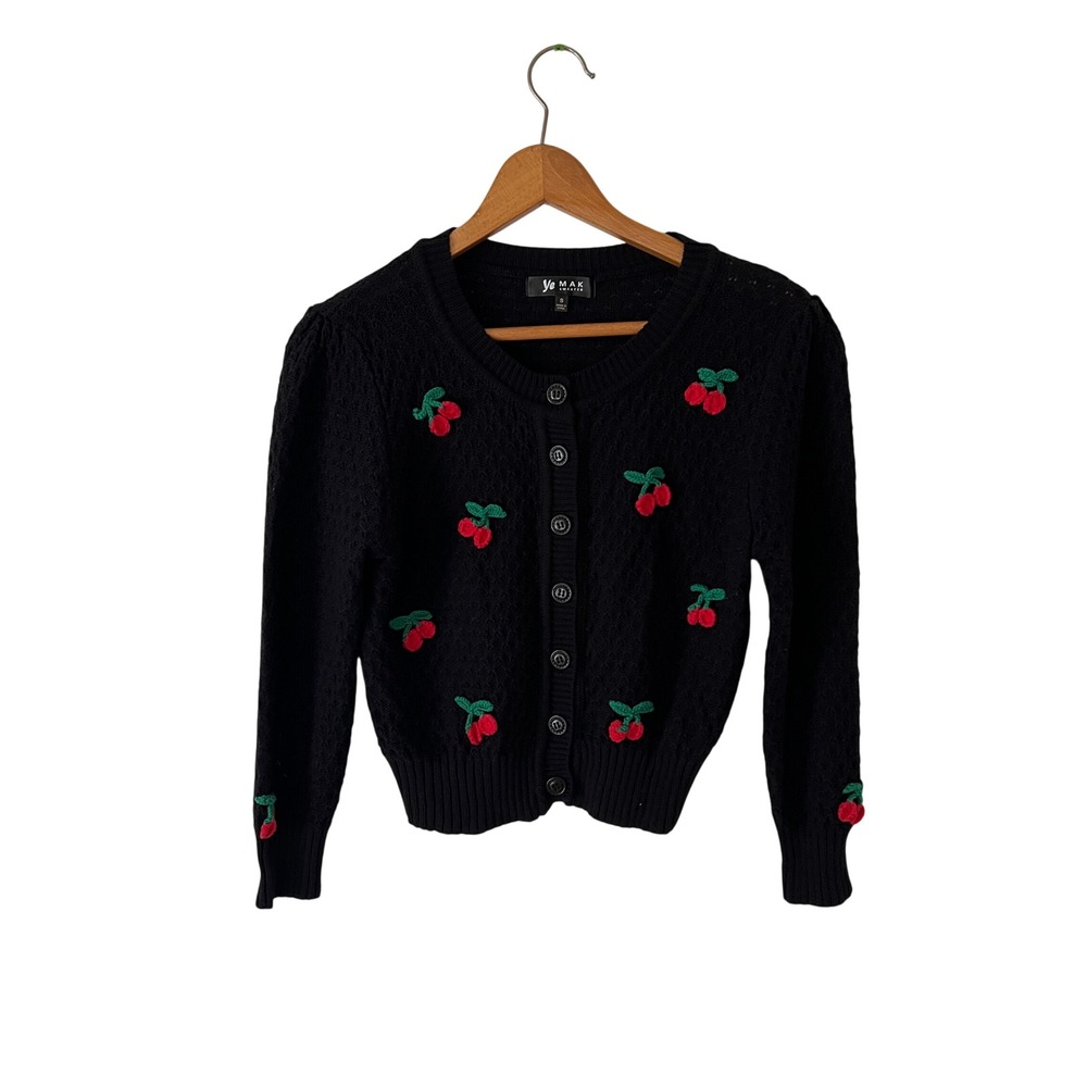 Cherry Print Pointelle Knit Cardigan Sweater Women Cotton Crochet Twee Small